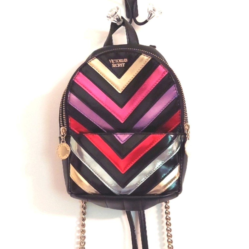 Victoria's Secret Bag, Mini Backpack with Chevron Rainbow, Goldtone Chain Straps